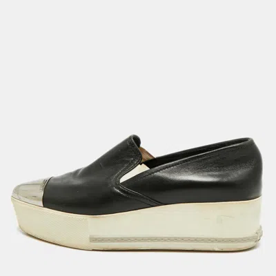 Pre-owned Miu Miu Size 37 Black Leather Platform Slip On Sneakers