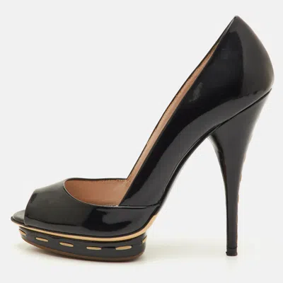 Pre-owned Miu Miu Size 37 Black Patent Leather Peep Toe Pumps