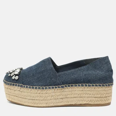 Pre-owned Miu Miu Size 37 Blue Denim Crystal Embellished Cap Toe Platform Espadrille Flats