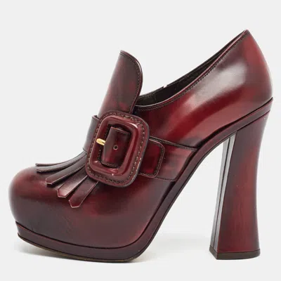 Pre-owned Miu Miu Size 37 Burgundy Leather Fringe Booties