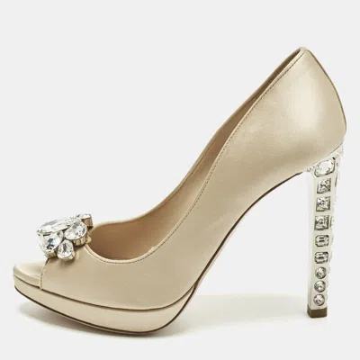 Pre-owned Miu Miu Size 37 Cream Satin Crystal Embellished Heel Platform Peep Toe Pumps In White