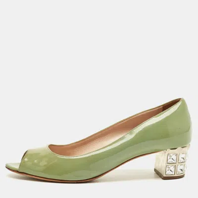 Pre-owned Miu Miu Size 37 Green Patent Leather Crystal Embellish Block Pumps