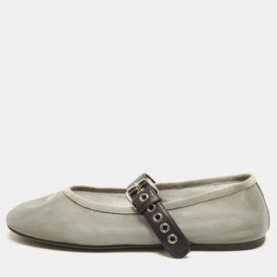 Pre-owned Miu Miu Size 37 Grey/black Leather And Mesh Mary Jane Ballet Flats