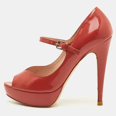 Pre-owned Miu Miu Size 37 Peach Pink Patent Leather Mary Jane Peep Toe Platform Pumps