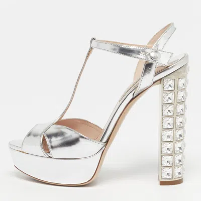 Pre-owned Miu Miu Size 37 Silver Leather Platform Crystal Embellished Heel Sandals
