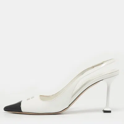 Pre-owned Miu Miu Size 37 White/black Patent Leather Cap Pointed Toe Slingback Pumps