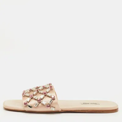 Pre-owned Miu Miu Size 37.5 Beige Crystal Embellished Satin Flat Sandals
