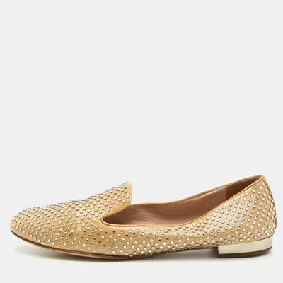 Pre-owned Miu Miu Size 37.5 Beige Patent Leather Crystal Embellished Smoking Slippers In Sand