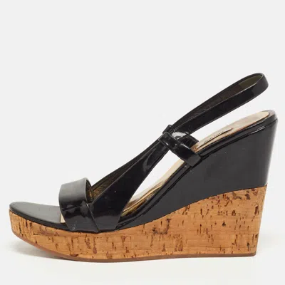Pre-owned Miu Miu Size 37.5 Black Patent Leather Cork Platform Wedge Slingback Sandals