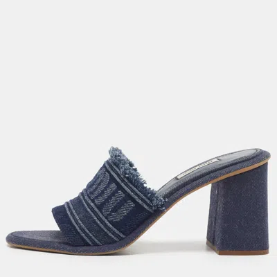 Pre-owned Miu Miu Size 37.5 Blue Denim Slide Block Heel Sandals