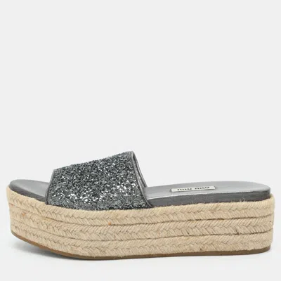 Pre-owned Miu Miu Size 37.5 Metallic Grey Glitter Espadrille Platform Slides In Gray