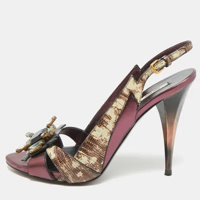 Pre-owned Miu Miu Size 37.5 Purple/beige Leather And Lizard Embossed Leather Peep Toe Pumps