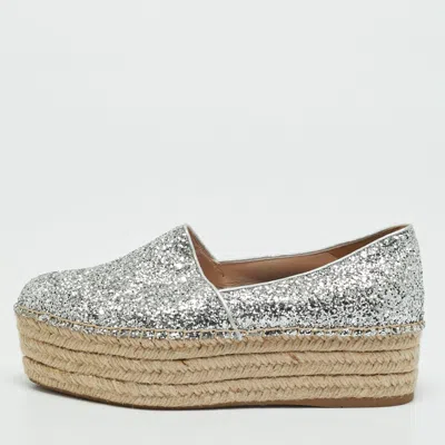 Pre-owned Miu Miu Size 37.5 Silver Glitter Platform Espadrille