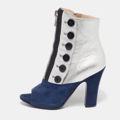 Pre-owned Miu Miu Size 37.5 Silver/navy Blue Leather And Suede Ankle Boots