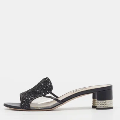 Pre-owned Miu Miu Size 37.5 Transparent Glitter And Pvc Crystal Embellished Block Heel Slide Sandals