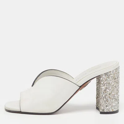 Pre-owned Miu Miu Size 37.5 White Leather Glitter Block Heel Slide Sandals