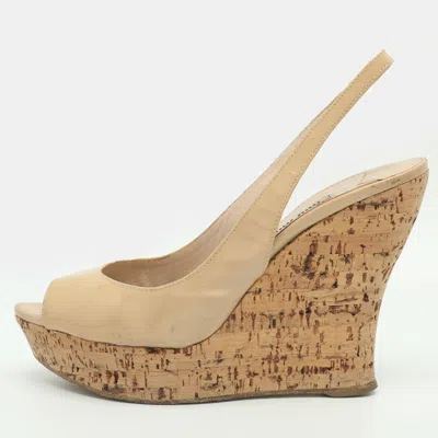 Pre-owned Miu Miu Size 38 Beige Patent Leather Cork Wedge Slingback Sandals