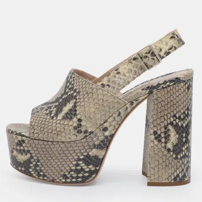 Pre-owned Miu Miu Size 38 Beige/black Python Embossed Leather Platform Slingback Sandals