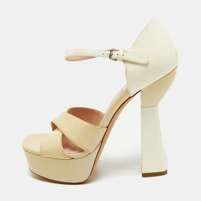 Pre-owned Miu Miu Size 38 Beige/cream Patent Leather Platform Criss Cross Ankle Strap Sandals