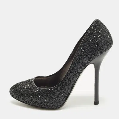 Pre-owned Miu Miu Size 38 Black Glitter Round Toe Platform Pumps