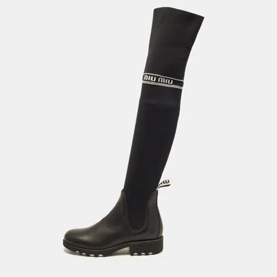 Pre-owned Miu Miu Size 38 Black Knit Fabric And Leather Knee Length Boots