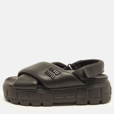 Pre-owned Miu Miu Size 38 Black Leather Logo Platform Slingback Sandals