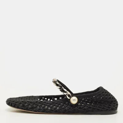 Pre-owned Miu Miu Size 38 Black Mesh Mary Jane Pearl Chain Embellished Ballet Flats