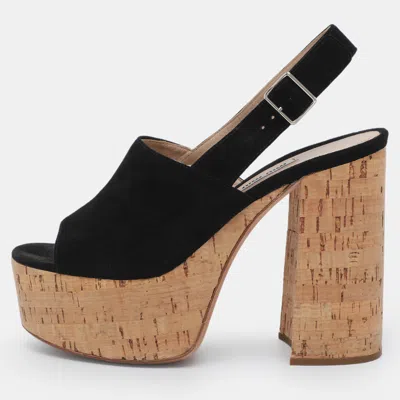 Pre-owned Miu Miu Size 38 Black Suede Cork Heel Platform Slingback Sandals