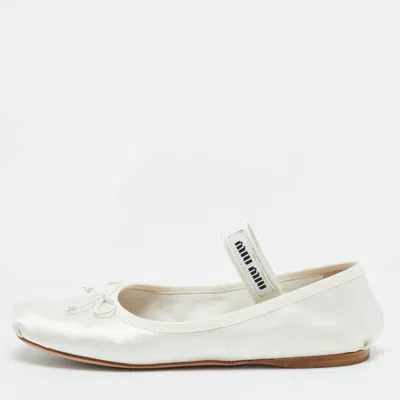 Pre-owned Miu Miu Size 38 Cream White Satin Bow Mary Jane Ballet Flats