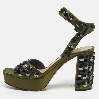 Pre-owned Miu Miu Size 38 Green Satin Crystal Embellished Ankle Strap Sandals