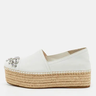 Pre-owned Miu Miu Size 38 Metallic Leather Crystal Embellished Platform Espadrille Sandals