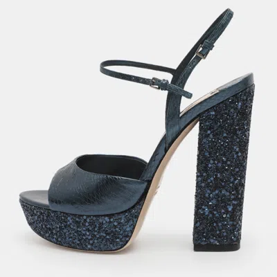 Pre-owned Miu Miu Size 38 Midnight Blue Python Leather Platform Sandals