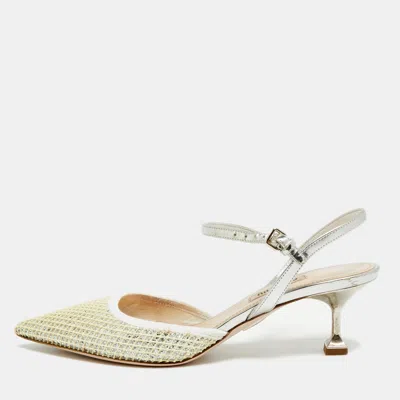 Pre-owned Miu Miu Size 38 Silver Glitter And Leather And Rubber Ankle Strap Pumps