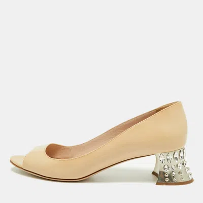 Pre-owned Miu Miu Size 38.5 Beige Patent Leather Crystal Embellished Block Heel Pumps In Sand