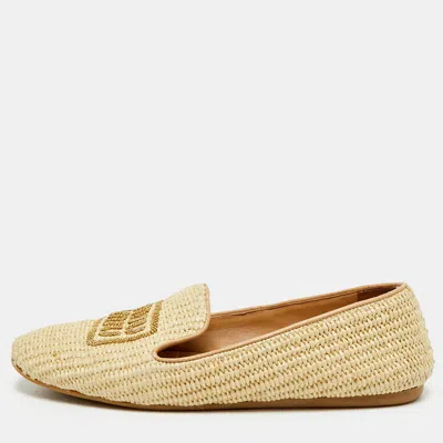 Pre-owned Miu Miu Size 38.5 Beige Woven Straw Smoking Slippers