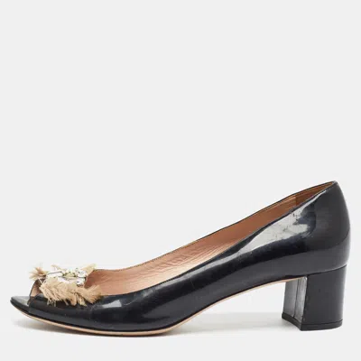 Pre-owned Miu Miu Size 38.5 Black Patent Leather Crystal Embellished Block Heel Peep Toe Pumps