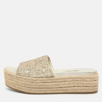 Pre-owned Miu Miu Size 38.5 Gold Glitter Espadrille Platform Slide Sandals