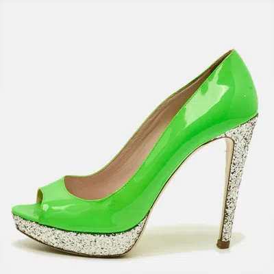 Pre-owned Miu Miu Size 38.5 Green/silver Glitter And Patent Leather Peep Toe Pumps