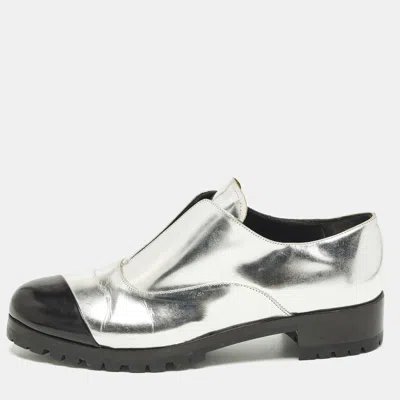 Pre-owned Miu Miu Size 38.5 Silver/black Leather Slip On Derby