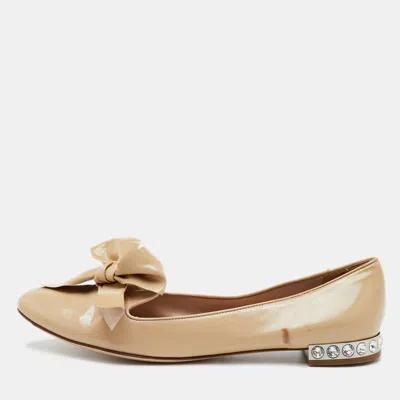 Pre-owned Miu Miu Size 39 Beige Patent Leather Bow Detail Crystal Embellished Heel Ballet Flats In Sand