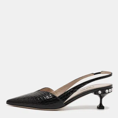 Pre-owned Miu Miu Size 39 Black Croc Embossed Leather Crystal Embellished Slingback Pumps