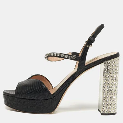 Pre-owned Miu Miu Size 39 Black Lizard Embossed Leather Crystal Embellished Ankle Strap Sandals
