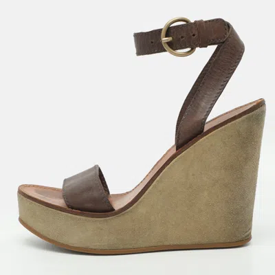 Pre-owned Miu Miu Size 39 Brown Leather Ankle Strap Wedge Sandals