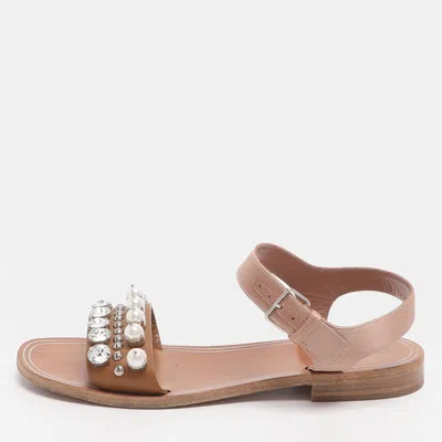 Pre-owned Miu Miu Size 39 Brown/old Rose Leather And Satin Crystal Pearl Embellished Ankle Strap Flats