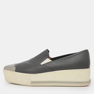 Pre-owned Miu Miu Size 39 Grey Leather Platform Slip On Sneakers In Gray