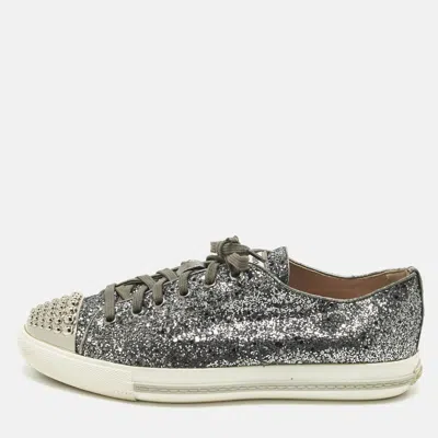 Pre-owned Miu Miu Size 39 Metallic Dark Grey Glitter Studded Cap Toe Low Top Sneakers In Gray