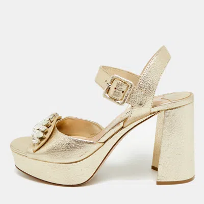 Pre-owned Miu Miu Size 39 Metallic Gold Leather Platform Ankle Strap Sandals In Silver