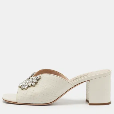 Pre-owned Miu Miu Size 39 Off-white Python Leather Crystal Embellished Block Heel Slide Sandals