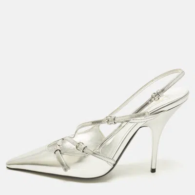 Pre-owned Miu Miu Size 39 Silver Metallic Leather Buckle Slingback Pumps