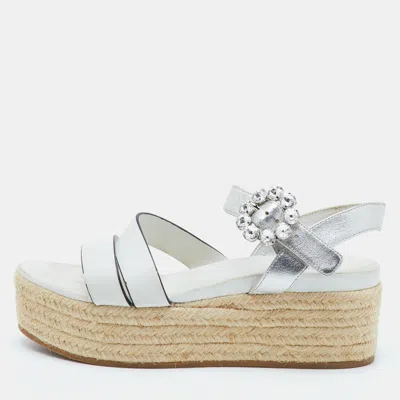 Pre-owned Miu Miu Size 39 White Leather Platform Espadrille Sandals
